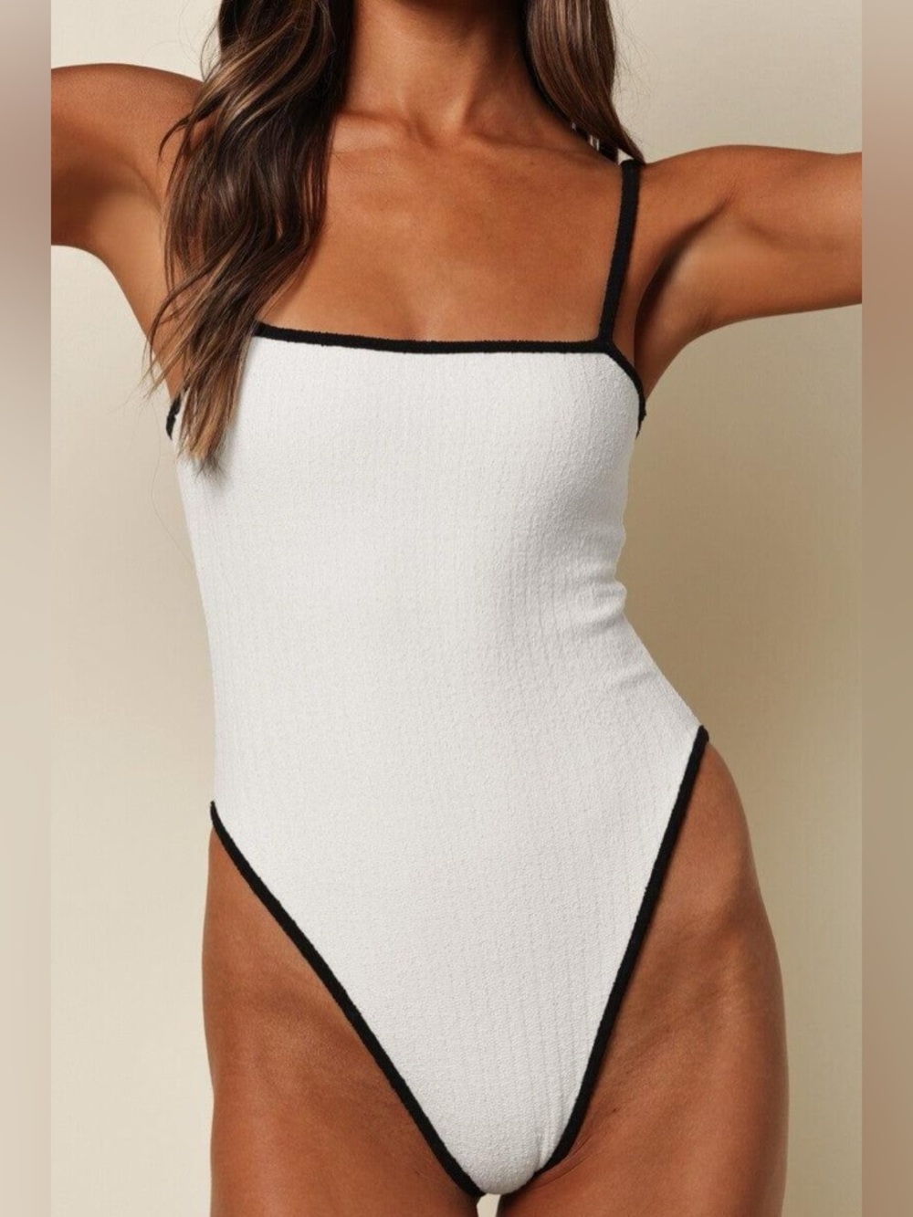 Montce Binded Terry Jacelyn One-Piece Swimsuit White Black Trim Large NWT! $175